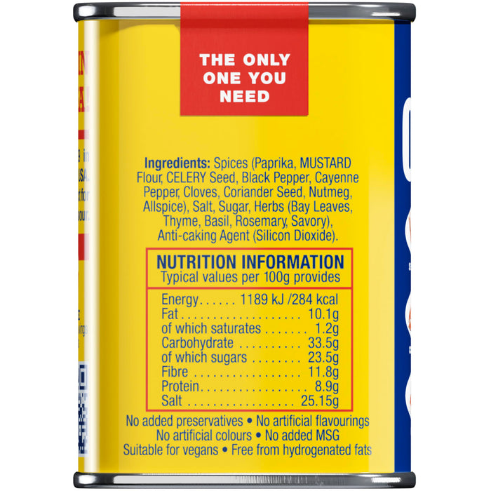 The side of a yellow can of Old Bay Original Seasoning 75G, showing the ingredients list and nutritional information panel against a white background.
