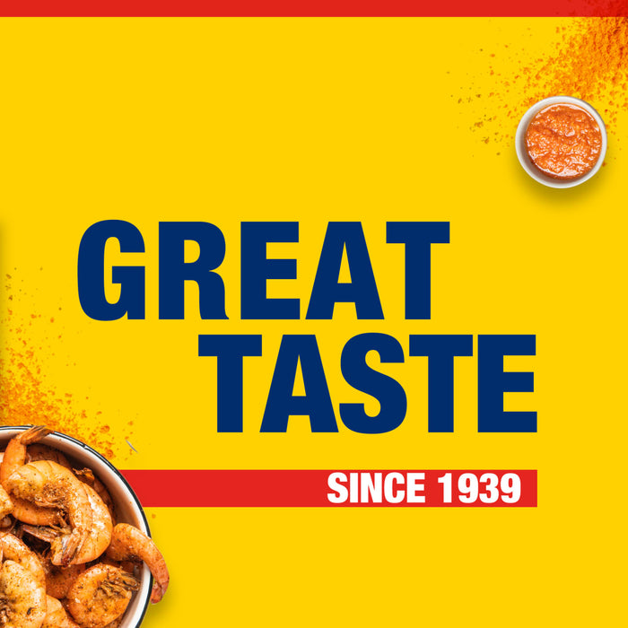 A vibrant yellow graphic featuring the bold text GREAT TASTE SINCE 1939 alongside a bowl of seasoned shrimp and a small dish of sauce to highlight the long history of Old Bay.