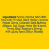The ingredients list for Old Bay seasoning is shown in blue text on a bright yellow background, detailing the spices, herbs, and other components.