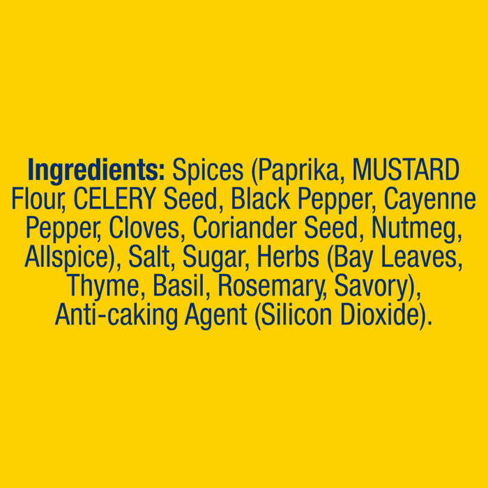 The ingredients list for Old Bay seasoning is shown in blue text on a bright yellow background, detailing the spices, herbs, and other components.