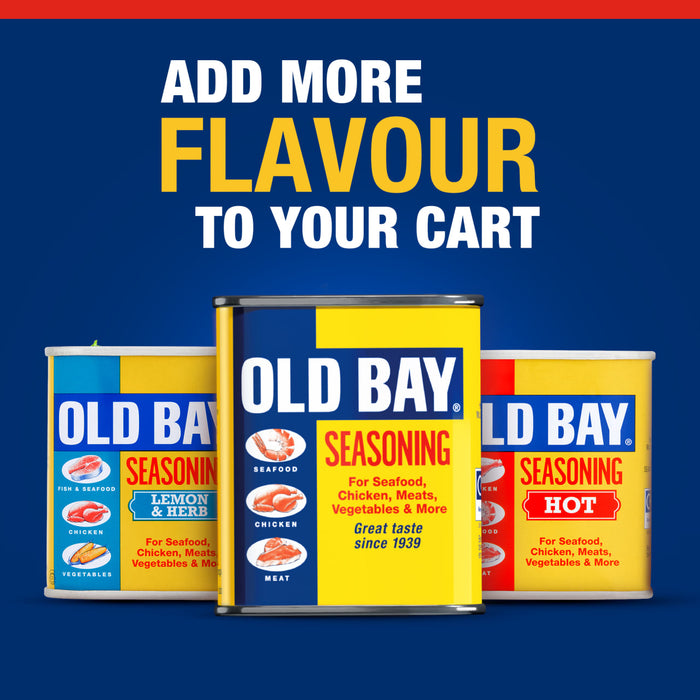 An advertisement featuring three varieties of Old Bay seasoning including Lemon and Herb, Original, and Hot flavors against a blue background with the text Add More Flavour To Your Cart.