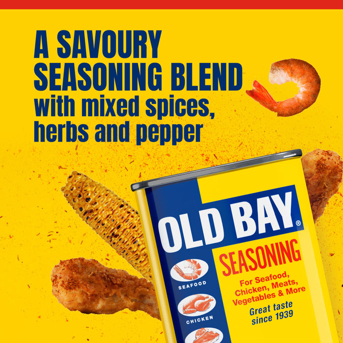 An advertisement for Old Bay seasoning describes it as a savoury seasoning blend with mixed spices, herbs, and pepper, shown alongside seasoned shrimp, corn, and chicken.