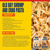 An infographic recipe for Old Bay shrimp and crab pasta featuring a list of ingredients and step by step instructions alongside a photo of the finished seafood dish.