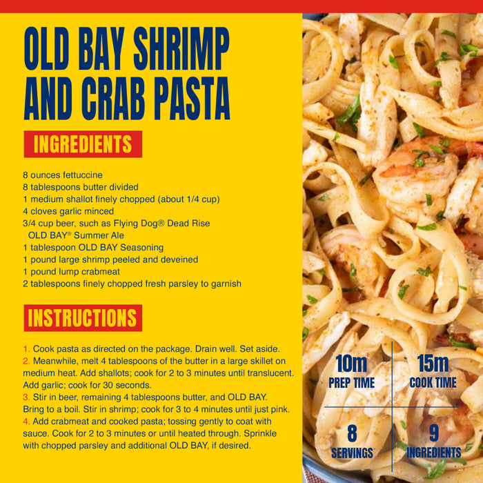 An infographic recipe for Old Bay shrimp and crab pasta featuring a list of ingredients and step by step instructions alongside a photo of the finished seafood dish.