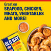 A promotional graphic featuring a tin of Old Bay Seasoning next to a bowl of seasoned shrimp and a small dish of cocktail sauce against a bright yellow background.