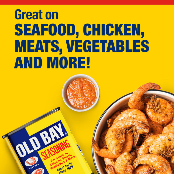 A promotional graphic featuring a tin of Old Bay Seasoning next to a bowl of seasoned shrimp and a small dish of cocktail sauce against a bright yellow background.