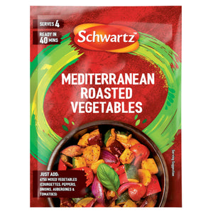 A packet of Schwartz Mediterranean Roasted Vegetable Mix 30 featuring a vibrant bowl of seasoned courgettes, peppers, onions, aubergines, and tomatoes.