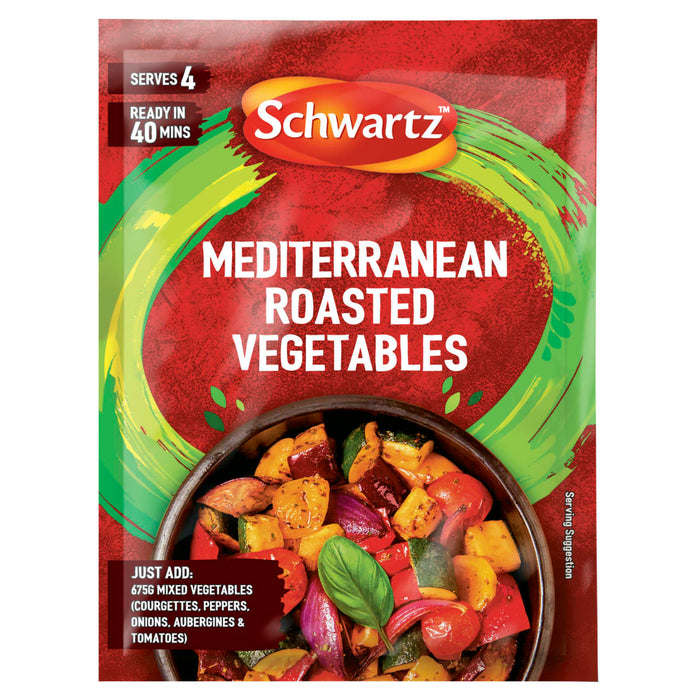 A packet of Schwartz Mediterranean Roasted Vegetable Mix 30 featuring a vibrant bowl of seasoned courgettes, peppers, onions, aubergines, and tomatoes.