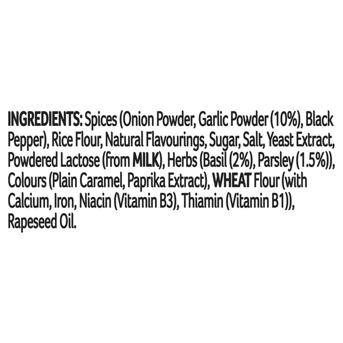 A detailed list of ingredients for Schwartz Mediterranean Roasted Vegetable Mix 30 including spices like onion and garlic powder, herbs such as basil and parsley, and wheat flour.