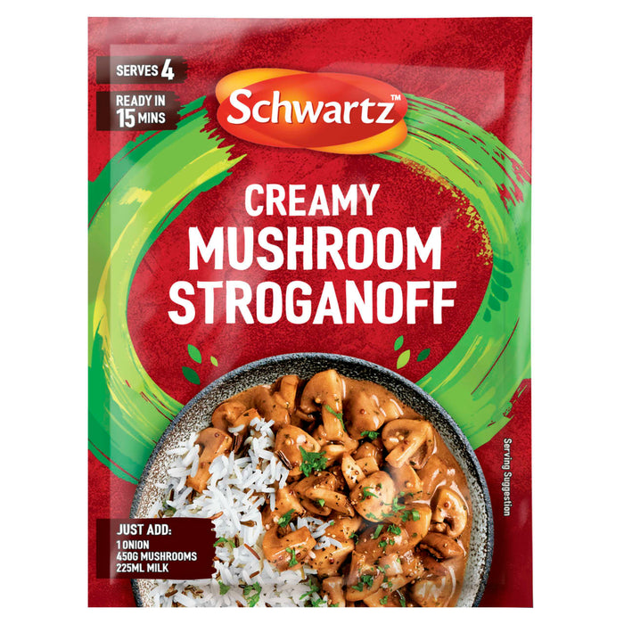 A package of Schwartz Creamy Mushroom Stroganoff Recipe Mix 35G featuring a serving suggestion of the creamy dish with rice and mushrooms.