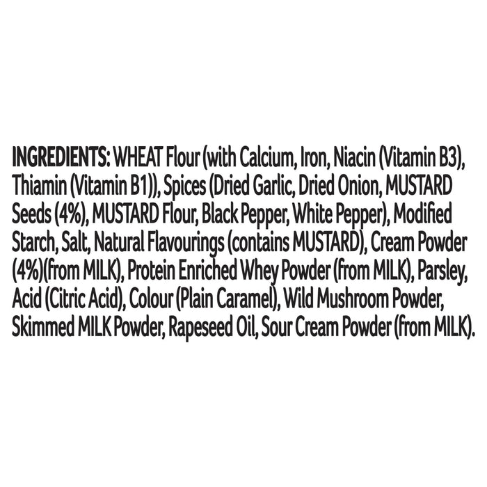 A detailed list of ingredients for Schwartz Creamy Mushroom Stroganoff Recipe Mix 35G including wheat flour, spices like dried garlic and onion, mustard seeds, and milk-based components like cream and sour cream powder.