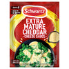 The red and yellow packaging for Schwartz Extra Mature Cheddar Cheese Sauce 30G features a serving suggestion of the creamy sauce poured over a bowl of broccoli.