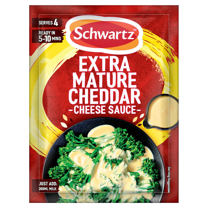 The red and yellow packaging for Schwartz Extra Mature Cheddar Cheese Sauce 30G features a serving suggestion of the creamy sauce poured over a bowl of broccoli.