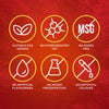 An infographic on a red background shows the benefits of Schwartz Extra Mature Cheddar Cheese Sauce 30G, including being suitable for vegans and having no hydrogenated fat, no added MSG, no artificial flavourings, no added preservatives, and no artificial colours.