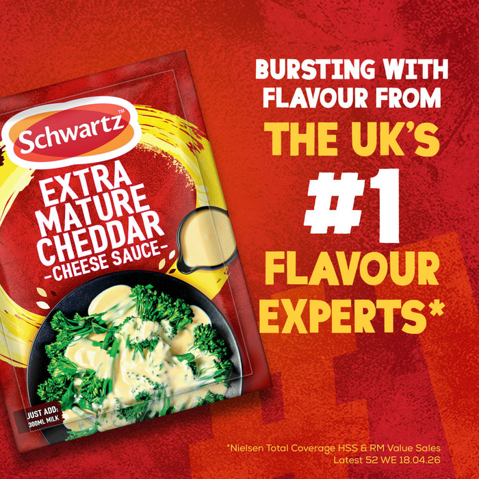 A packet of Schwartz Extra Mature Cheddar Cheese Sauce 30G is featured in an advertisement showing the prepared sauce over broccoli, with text highlighting Schwartz as the UKs #1 Flavour Experts.