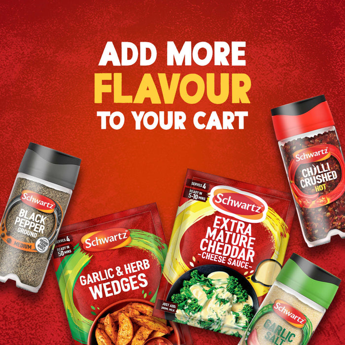 A promotional image displays a variety of Schwartz seasonings, including a packet of Schwartz Extra Mature Cheddar Cheese Sauce 30G, on a red background with the text Add more flavour to your cart.