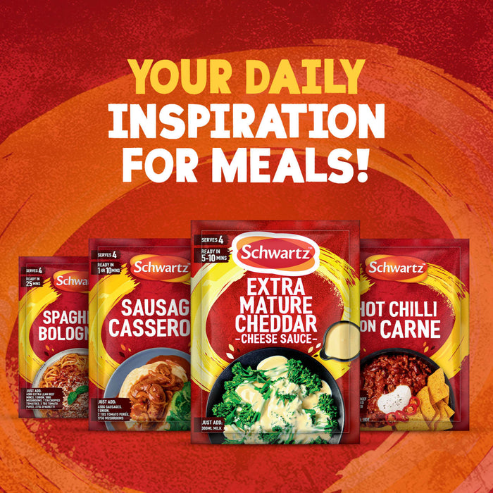 A variety of Schwartz meal mixes, including a packet of Schwartz Extra Mature Cheddar Cheese Sauce 30G, are displayed under the headline Your Daily Inspiration for Meals.