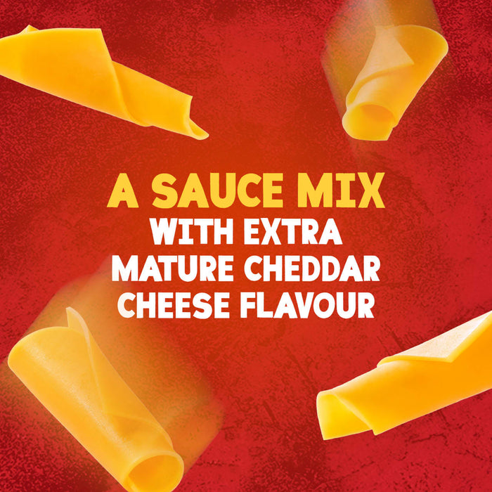 An advertisement for Schwartz Extra Mature Cheddar Cheese Sauce 30G shows curled slices of cheddar cheese floating over a red background with text describing the extra mature cheddar cheese flavour.