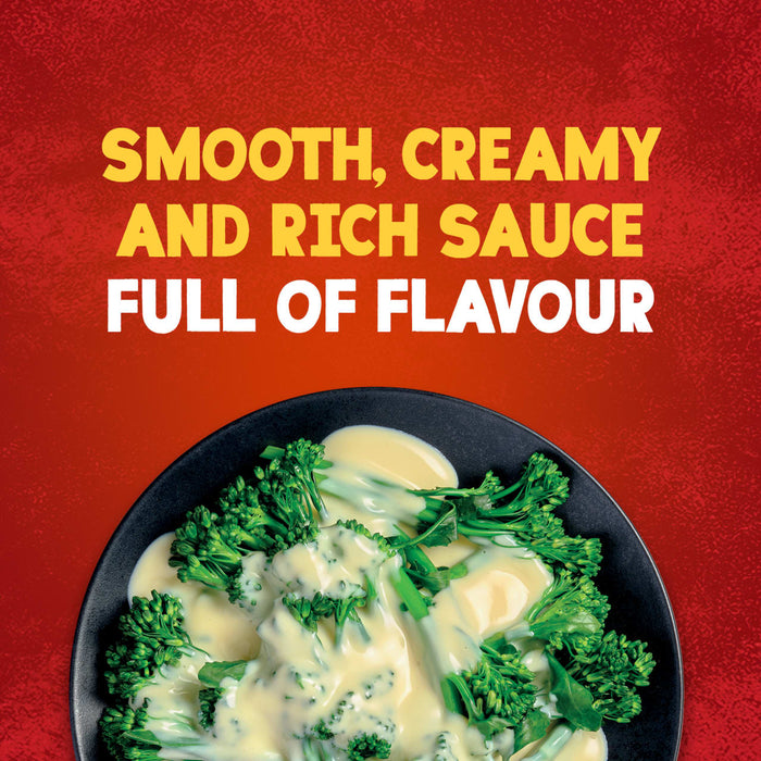 A serving suggestion shows fresh broccolini in a black bowl, generously covered with the smooth and creamy Schwartz Extra Mature Cheddar Cheese Sauce 30G.