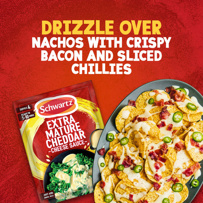 A packet of Schwartz Extra Mature Cheddar Cheese Sauce 30G is displayed next to a serving suggestion of nachos topped with the prepared cheese sauce, crispy bacon, and sliced chillies.