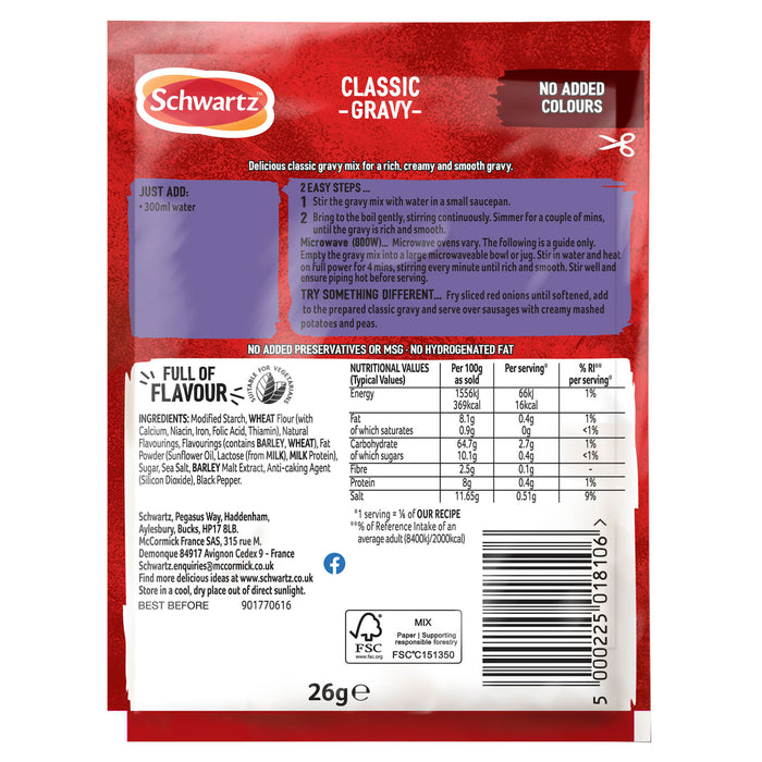 The back of a red and purple packet of Schwartz Classic Gravy 26G displays detailed cooking instructions, nutritional information, and a full list of ingredients.