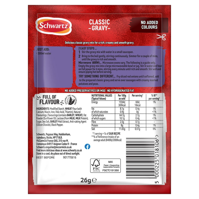 The back of a red and purple packet of Schwartz Classic Gravy 26G displays detailed cooking instructions, nutritional information, and a full list of ingredients.