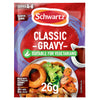 A 26g packet of Schwartz Classic Gravy 26G featuring a serving suggestion of a roast dinner with a Yorkshire pudding, vegetables, and gravy.