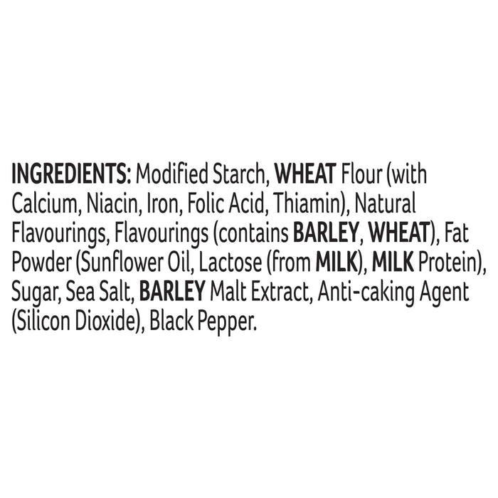 The ingredient list for Schwartz Classic Gravy 26G includes modified starch, wheat flour with added nutrients, natural flavourings, fat powder from sunflower oil and milk, sugar, sea salt, barley malt extract, and black pepper.