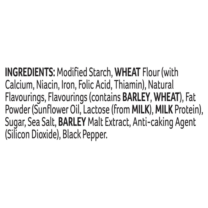 The ingredient list for Schwartz Classic Gravy 26G includes modified starch, wheat flour with added nutrients, natural flavourings, fat powder from sunflower oil and milk, sugar, sea salt, barley malt extract, and black pepper.