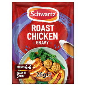 A packet of Schwartz Roast Chicken Gravy Mix 26G featuring a prepared roast dinner with chicken, vegetables, and a side of gravy.