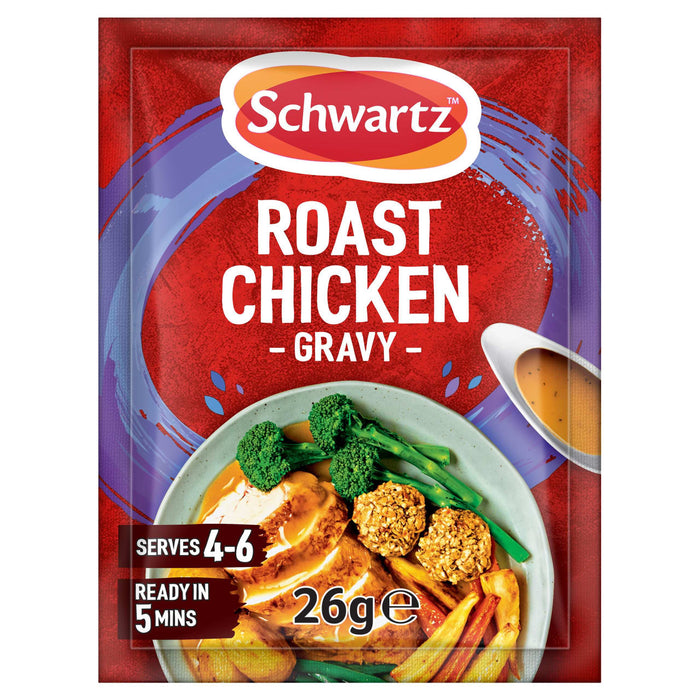 A packet of Schwartz Roast Chicken Gravy Mix 26G featuring a prepared roast dinner with chicken, vegetables, and a side of gravy.