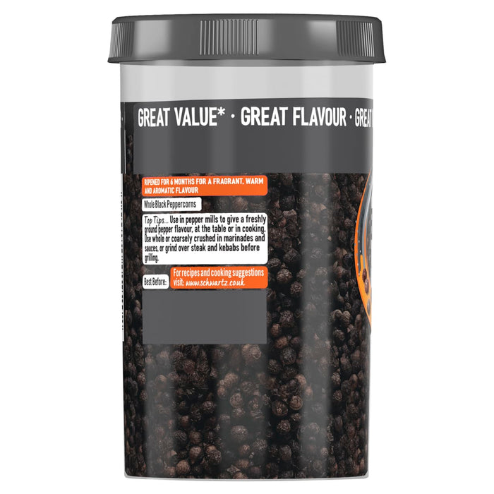A large clear container of Schwartz Medium Black Peppercorns 100G showing the whole dried berries through the plastic and providing culinary tips on the back label.