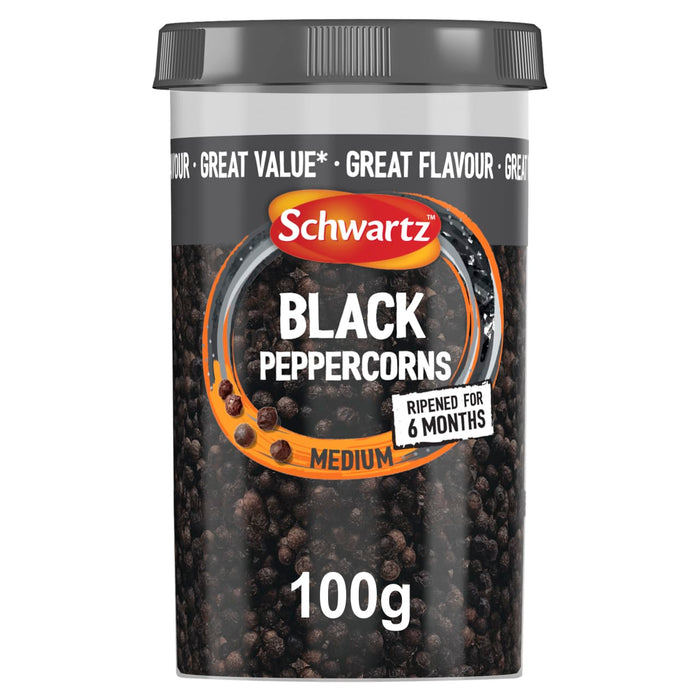 A clear plastic jar of Schwartz Medium Black Peppercorns 100G showing the whole dark peppercorns through the container.