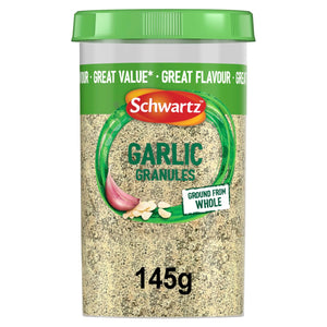 A 145g container of Schwartz Garlic Granules 145G featuring a green lid and a label showing a whole garlic clove and sliced pieces.
