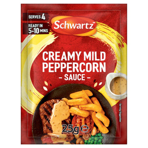 A red sachet of Schwartz Creamy Mild Peppercorn Sauce Mix 25G is featured with a serving suggestion of a steak dinner, including chips and vegetables, covered in the creamy sauce.