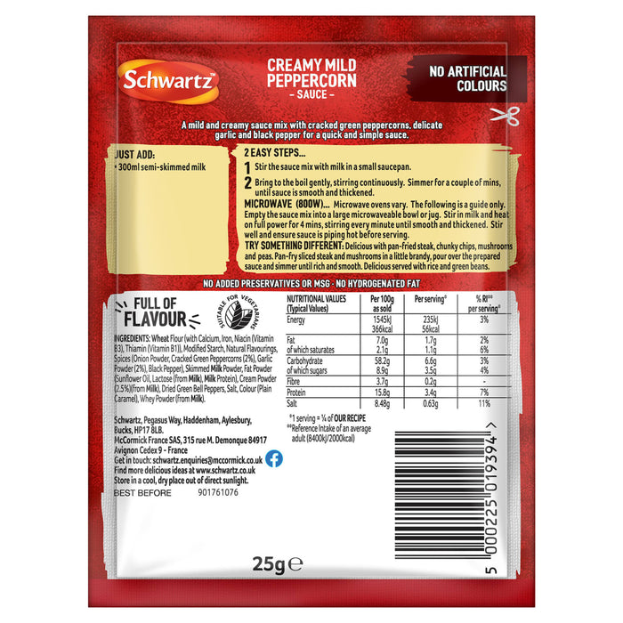The back of a packet of Schwartz Creamy Mild Peppercorn Sauce Mix 25G, displaying the nutritional information, ingredients, and cooking instructions.
