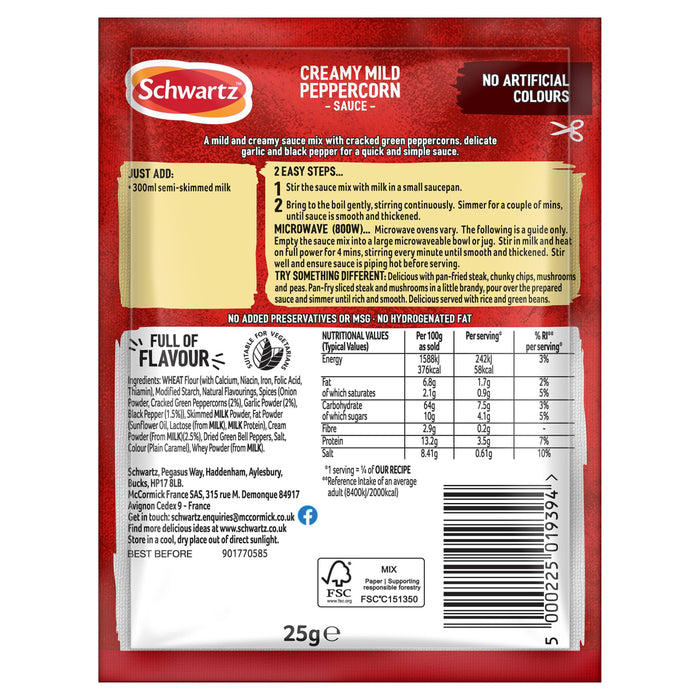 The back of a packet of Schwartz Creamy Mild Peppercorn Sauce Mix 25G, displaying the nutritional information, ingredients, and cooking instructions.