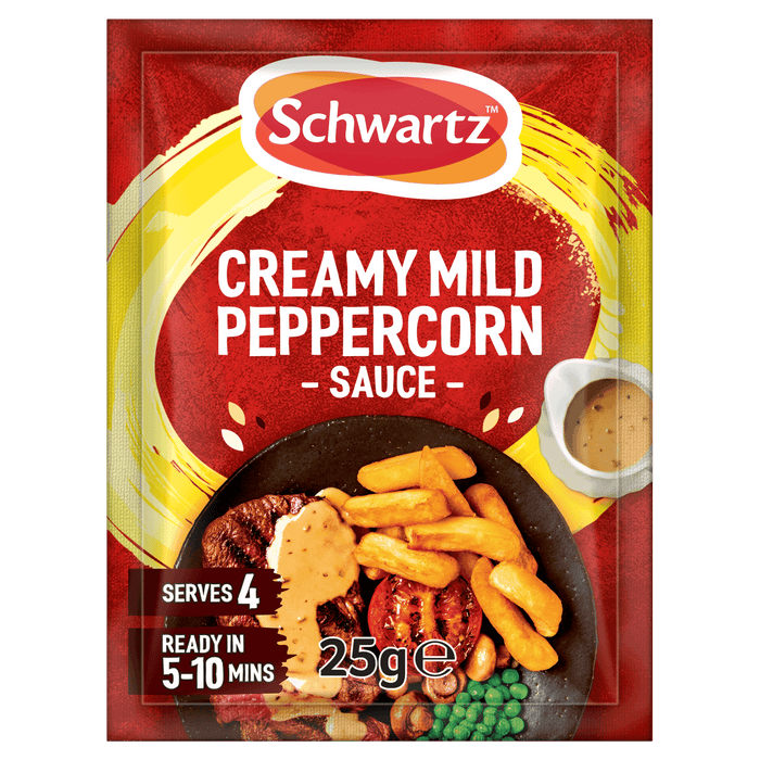 A packet of Schwartz Creamy Mild Peppercorn Sauce Mix 25G featuring a serving suggestion of steak with chips and peas.
