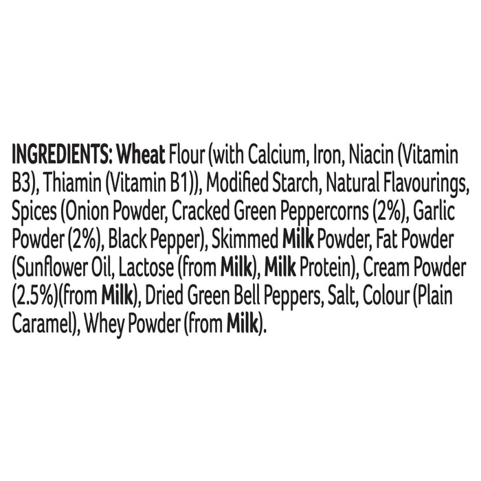 A detailed list of ingredients for Schwartz Creamy Mild Peppercorn Sauce Mix 25G highlighting wheat and milk as allergens and including spices like cracked green peppercorns and garlic powder.