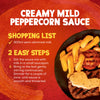 A recipe card shows the shopping list and two easy preparation steps for Schwartz Creamy Mild Peppercorn Sauce Mix 25G, next to a plated meal of steak and chips topped with the finished sauce.
