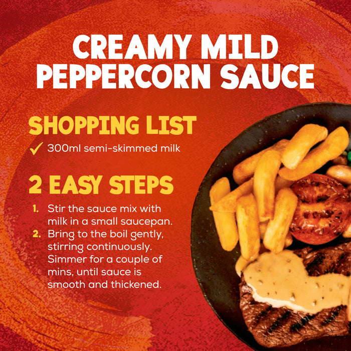 A recipe card shows the shopping list and two easy preparation steps for Schwartz Creamy Mild Peppercorn Sauce Mix 25G, next to a plated meal of steak and chips topped with the finished sauce.