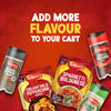 An advertisement for Schwartz products with the text 'Add more flavour to your cart', showcasing a variety of seasonings like a package of Schwartz Creamy Mild Peppercorn Sauce Mix 25G, Spaghetti Bolognese mix, and jars of Black Pepper, Crushed Chilli, and Garlic Salt.