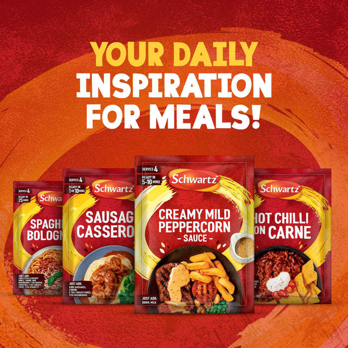 An advertisement for Schwartz meal mixes, featuring a package of Schwartz Creamy Mild Peppercorn Sauce Mix 25G in the center, offers daily meal inspiration.