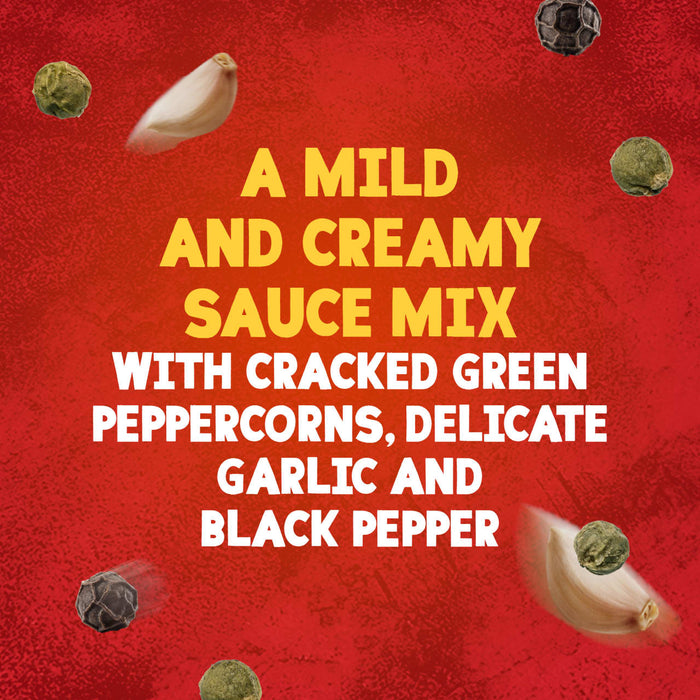 The key ingredients of green and black peppercorns and garlic cloves float around descriptive text for Schwartz Creamy Mild Peppercorn Sauce Mix 25G on a textured red background.
