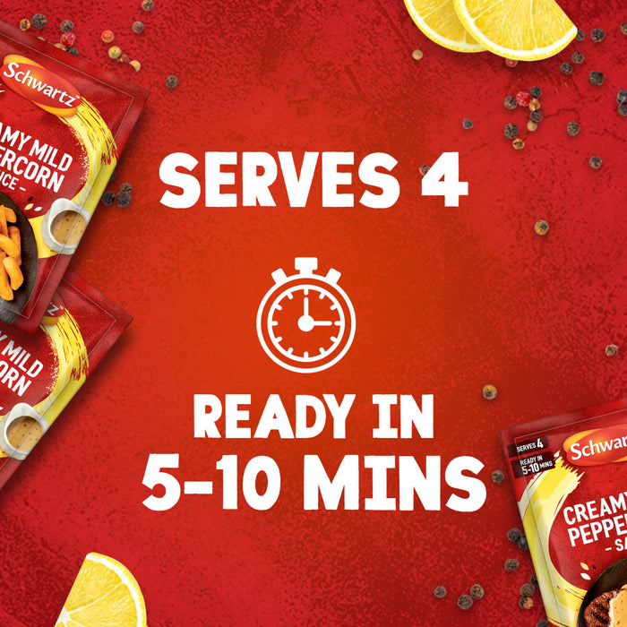 A marketing image for Schwartz Creamy Mild Peppercorn Sauce Mix 25G highlights that it serves 4 and is ready in 5-10 minutes, set against a red background with peppercorns and lemon wedges.
