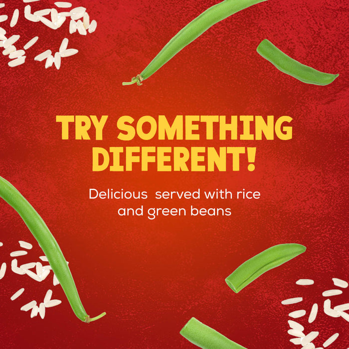 A vibrant red background with scattered rice and green beans offers a serving suggestion for Schwartz Creamy Mild Peppercorn Sauce Mix 25G, encouraging customers to try something different.