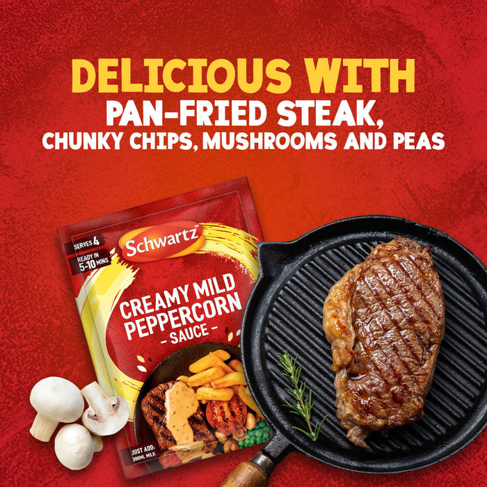 A packet of Schwartz Creamy Mild Peppercorn Sauce Mix 25G is shown next to a perfectly grilled steak in a cast-iron pan, suggesting a delicious meal.