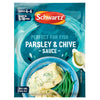A package of Schwartz Parsley & Chive Sauce Mix 38G featuring a serving suggestion of white fish and green beans topped with the creamy herb sauce.