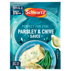 A package of Schwartz Parsley & Chive Sauce Mix 38G featuring a serving suggestion of white fish and green beans topped with the creamy herb sauce.