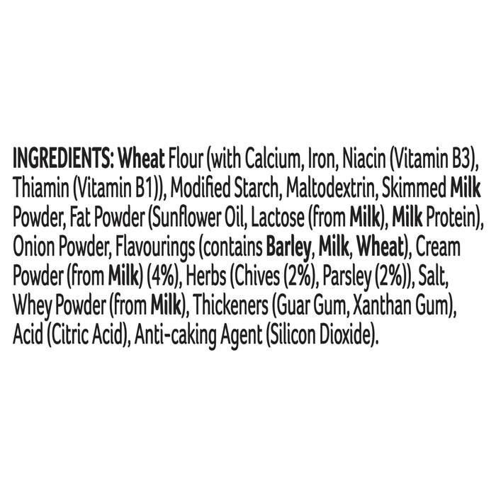A detailed list of ingredients for Schwartz Parsley & Chive Sauce Mix 38G includes wheat flour, skimmed milk powder, and herbs like chives and parsley.